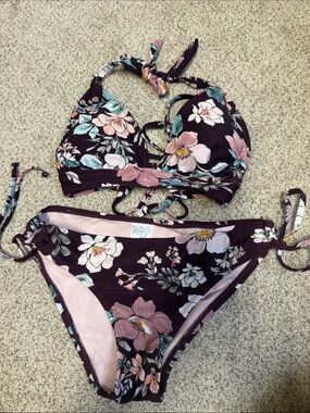 Kona Sol Plum Floral Halter Bikini Set with Pink and Mint Accents